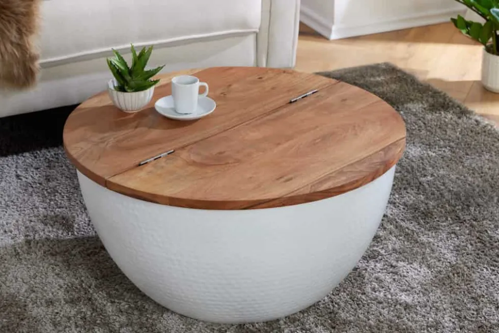 Runder Couchtisch ORIENT STORAGE 60cm weiß Akazienholz mit Stauraum Hammerschlag handmade