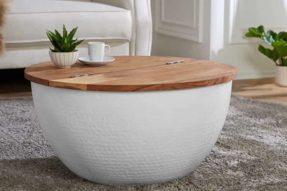 Runder Couchtisch ORIENT STORAGE 60cm weiß Akazienholz mit Stauraum Hammerschlag handmade