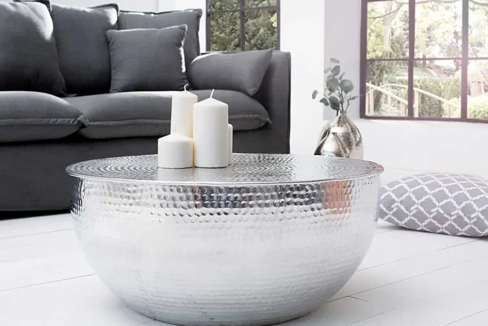 Runder Couchtisch ORIENT II 60cm silber Metall Aluminium Hammerschlag Design handmade