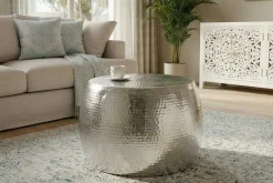 Runder Couchtisch ORIENT 60cm silber Metall Aluminium Hammerschlag Design handmade