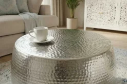 Runder Couchtisch ORIENT 60cm silber Metall Aluminium Hammerschlag Design handmade