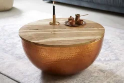 Runder Couchtisch ORIENT STORAGE 60cm kupfer Hammerschlag handmade Akazienholz mit Stauraum