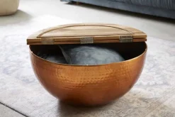Runder Couchtisch ORIENT STORAGE 60cm kupfer Hammerschlag handmade Akazienholz mit Stauraum