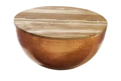 Runder Couchtisch ORIENT STORAGE 60cm kupfer Hammerschlag handmade Akazienholz mit Stauraum
