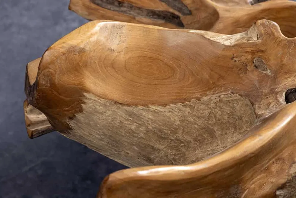 Runder Couchtisch ROOT 100cm natur Teak Massivholz aus Wurzelholz mit Glasplatte