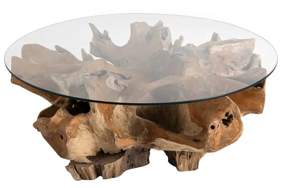Runder Couchtisch ROOT 100cm natur Teak Massivholz aus Wurzelholz mit Glasplatte