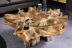Runder Couchtisch ROOT 100cm natur Teak Massivholz aus Wurzelholz mit Glasplatte