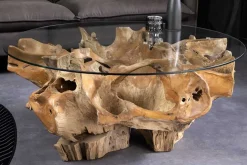 Runder Couchtisch ROOT 100cm natur Teak Massivholz aus Wurzelholz mit Glasplatte