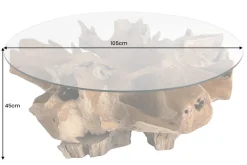 Runder Couchtisch ROOT 100cm natur Teak Massivholz aus Wurzelholz mit Glasplatte