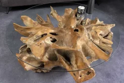 Runder Couchtisch ROOT 100cm natur Teak Massivholz aus Wurzelholz mit Glasplatte
