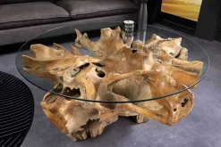 Runder Couchtisch ROOT 100cm natur Teak Massivholz aus Wurzelholz mit Glasplatte