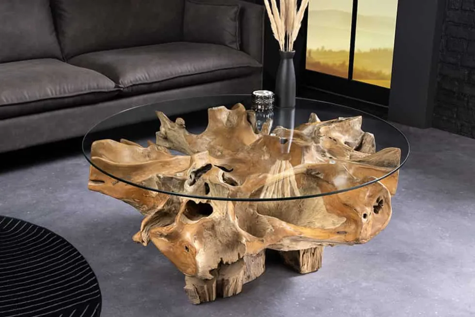 Runder Couchtisch ROOT 100cm natur Teak Massivholz aus Wurzelholz mit Glasplatte