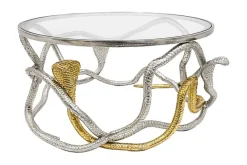 Runder Couchtisch SNAKE 70cm gold silber Metall Schlangen-Skulptur Glasplatte