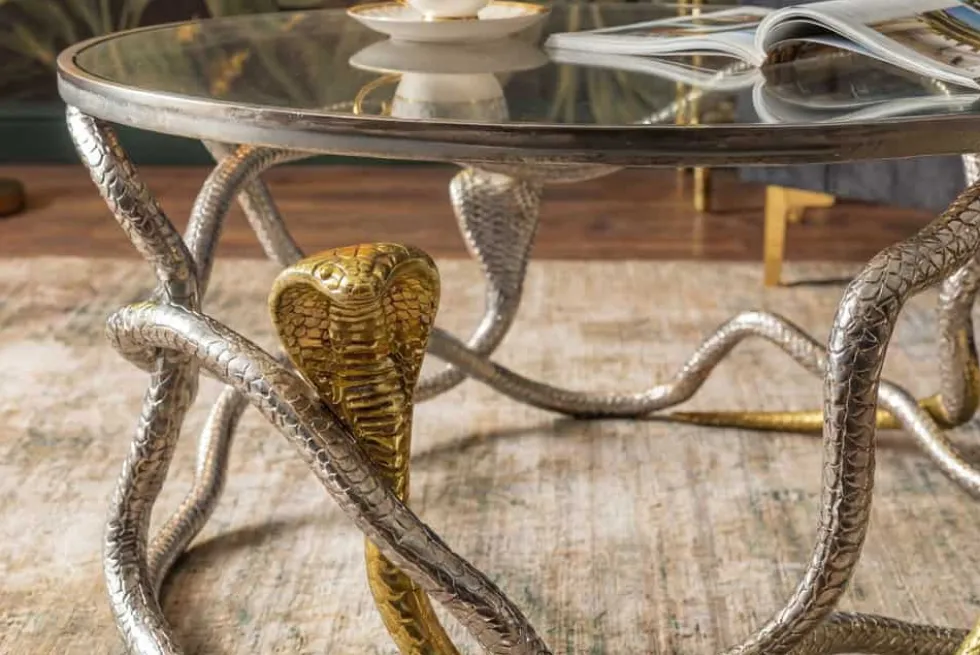 Runder Couchtisch SNAKE 70cm gold silber Metall Schlangen-Skulptur Glasplatte