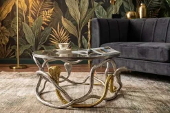 Runder Couchtisch SNAKE 70cm gold silber Metall Schlangen-Skulptur Glasplatte