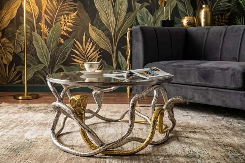 Runder Couchtisch SNAKE 70cm gold silber Metall Schlangen-Skulptur Glasplatte