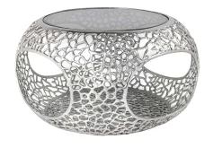 Runder Couchtisch SPIN 75cm silber Schwarzglas Metall mit Stauraum handmade