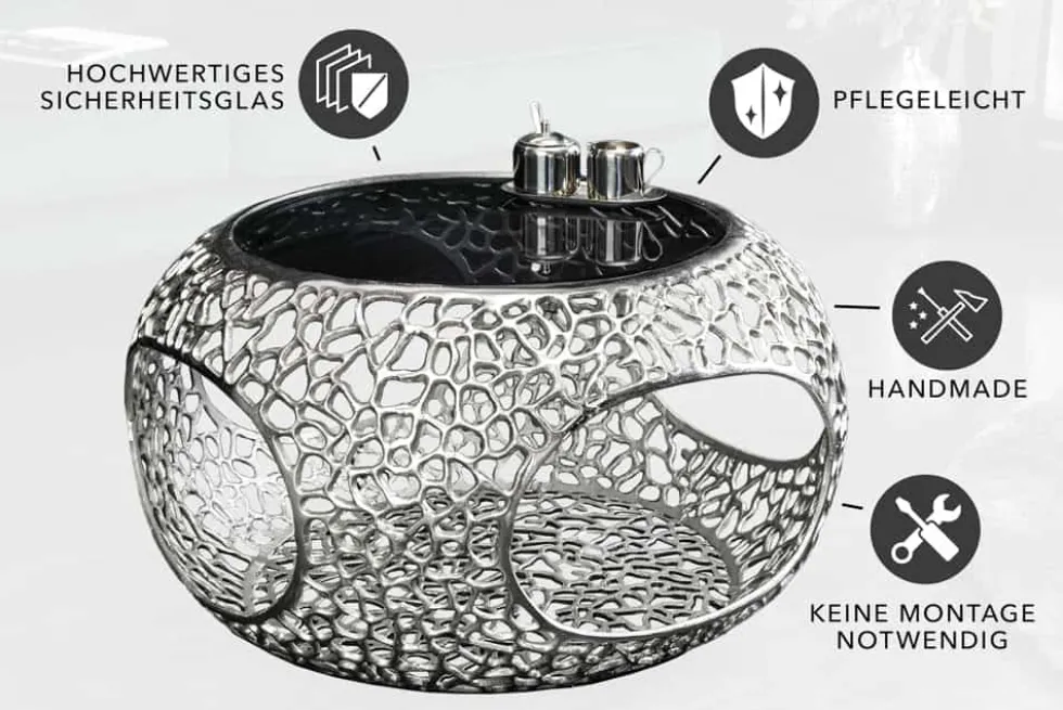 Runder Couchtisch SPIN 75cm silber Schwarzglas Metall mit Stauraum handmade