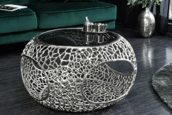 Runder Couchtisch SPIN 75cm silber Schwarzglas Metall mit Stauraum handmade