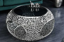 Runder Couchtisch SPIN 75cm silber Schwarzglas Metall mit Stauraum handmade