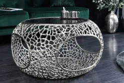 Runder Couchtisch SPIN 75cm silber Schwarzglas Metall mit Stauraum handmade