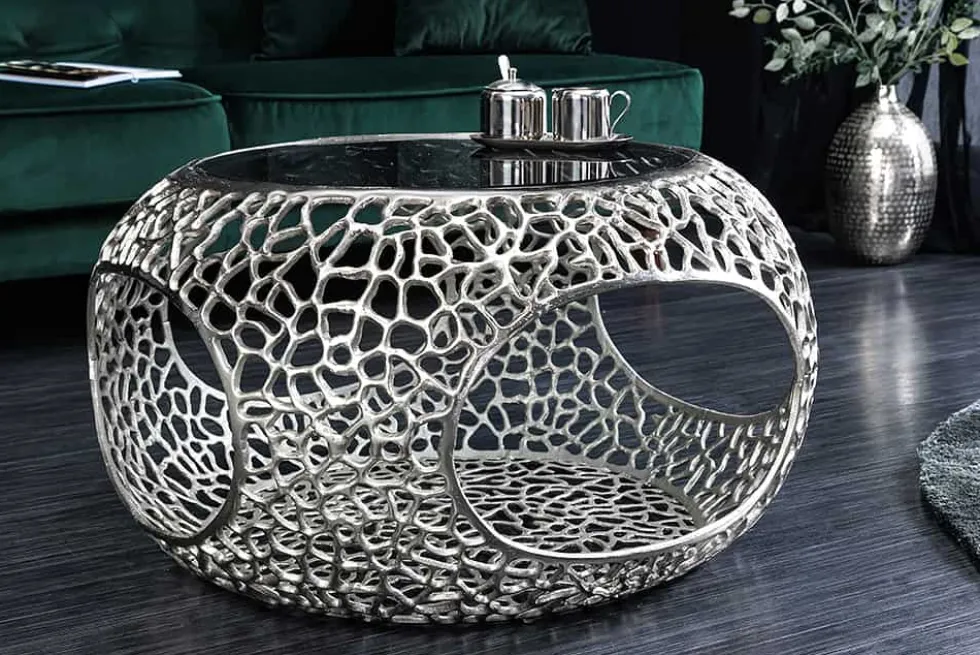 Runder Couchtisch SPIN 75cm silber Schwarzglas Metall mit Stauraum handmade