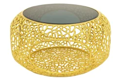 Runder Couchtisch SPIN 75cm gold Schwarzglas Metall mit Stauraum handmade