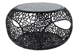 Runder Couchtisch SPIN 75cm schwarz Schwarzglas Metall mit Stauraum handmade
