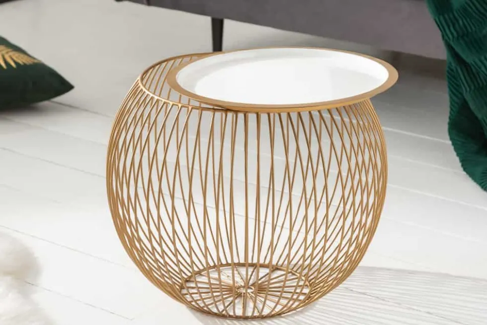Runder Couchtisch STORAGE 40cm gold weiß Metall Tablett Beistelltisch mit Stauraum handmade