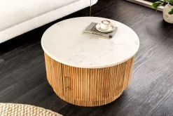 Runder Couchtisch TRES CHIC 60cm weiß Marmor natur Mangoholz mit Stauraum