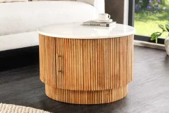 Runder Couchtisch TRES CHIC 60cm weiß Marmor natur Mangoholz mit Stauraum