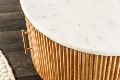 Runder Couchtisch TRES CHIC 60cm weiß Marmor natur Mangoholz mit Stauraum