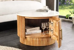 Runder Couchtisch TRES CHIC 60cm weiß Marmor natur Mangoholz mit Stauraum
