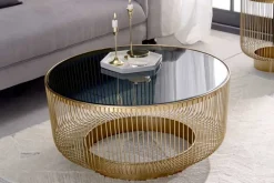 Runder Couchtisch VARIATION 80cm gold Metallgestell Schwarzglas Handarbeit
