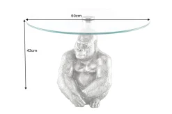 Runder Couchtisch WILDLIFE KONG 60cm silber Metall Glas Affenfigur Gorilla Skulptur handmade