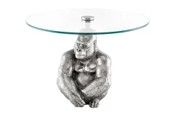 Runder Couchtisch WILDLIFE KONG 60cm silber Metall Glas Affenfigur Gorilla Skulptur handmade