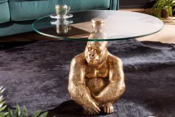 Runder Couchtisch WILDLIFE KONG 60cm gold Metall Glas Affenfigur Gorilla Skulptur handmade