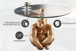Runder Couchtisch WILDLIFE KONG 60cm gold Metall Glas Affenfigur Gorilla Skulptur handmade