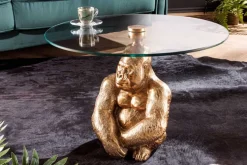 Runder Couchtisch WILDLIFE KONG 60cm gold Metall Glas Affenfigur Gorilla Skulptur handmade