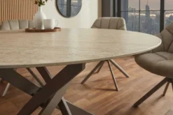 Runder Esstisch ALPINE 120cm natur Travertin Keramik champagner greige Metall