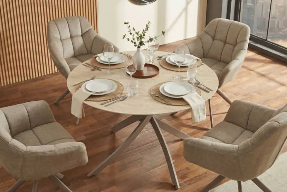 Runder Esstisch ALPINE 120cm natur Travertin Keramik champagner greige Metall