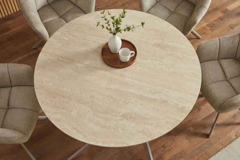 Runder Esstisch ALPINE 120cm natur Travertin Keramik champagner greige Metall