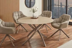 Runder Esstisch ALPINE 120cm natur Travertin Keramik champagner greige Metall