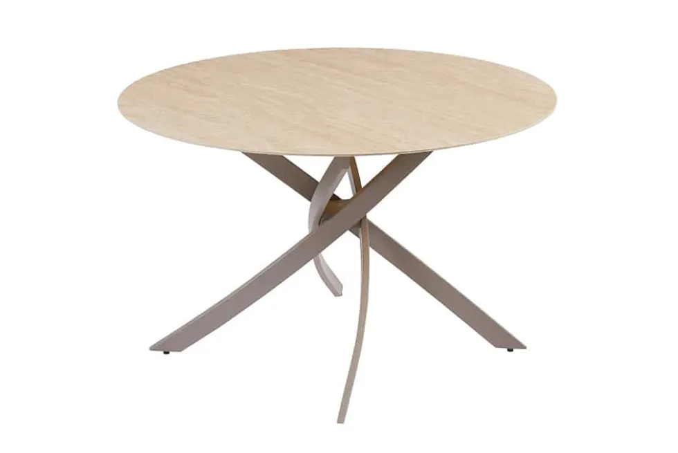 Runder Esstisch ALPINE 120cm natur Travertin Keramik champagner greige Metall