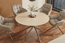 Runder Esstisch ALPINE 120cm natur Travertin Keramik champagner greige Metall