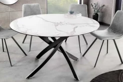Runder Esstisch ALPINE 120cm weiß Marmor Keramik schwarzes Metallgestell