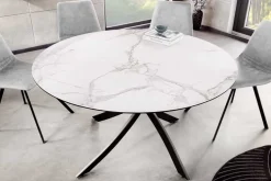 Runder Esstisch ALPINE 120cm weiß Marmor Keramik schwarzes Metallgestell
