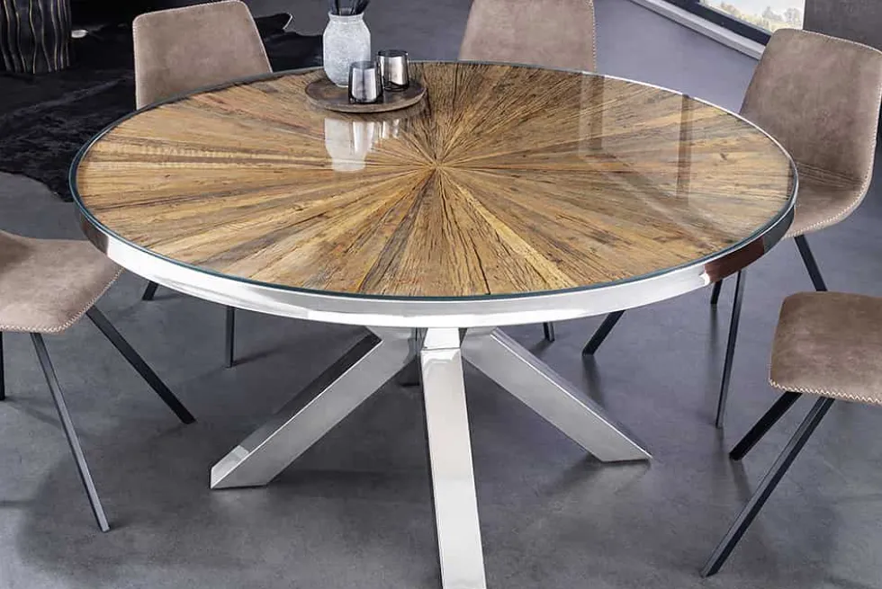 Runder Esstisch BARRACUDA 120cm braun Teak Massivholz Glasplatte silber Edelstahl verchromt