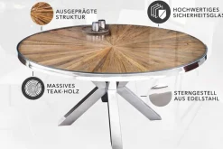 Runder Esstisch BARRACUDA 120cm braun Teak Massivholz Glasplatte silber Edelstahl verchromt