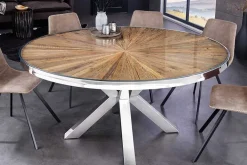 Runder Esstisch BARRACUDA 120cm braun Teak Massivholz Glasplatte silber Edelstahl verchromt